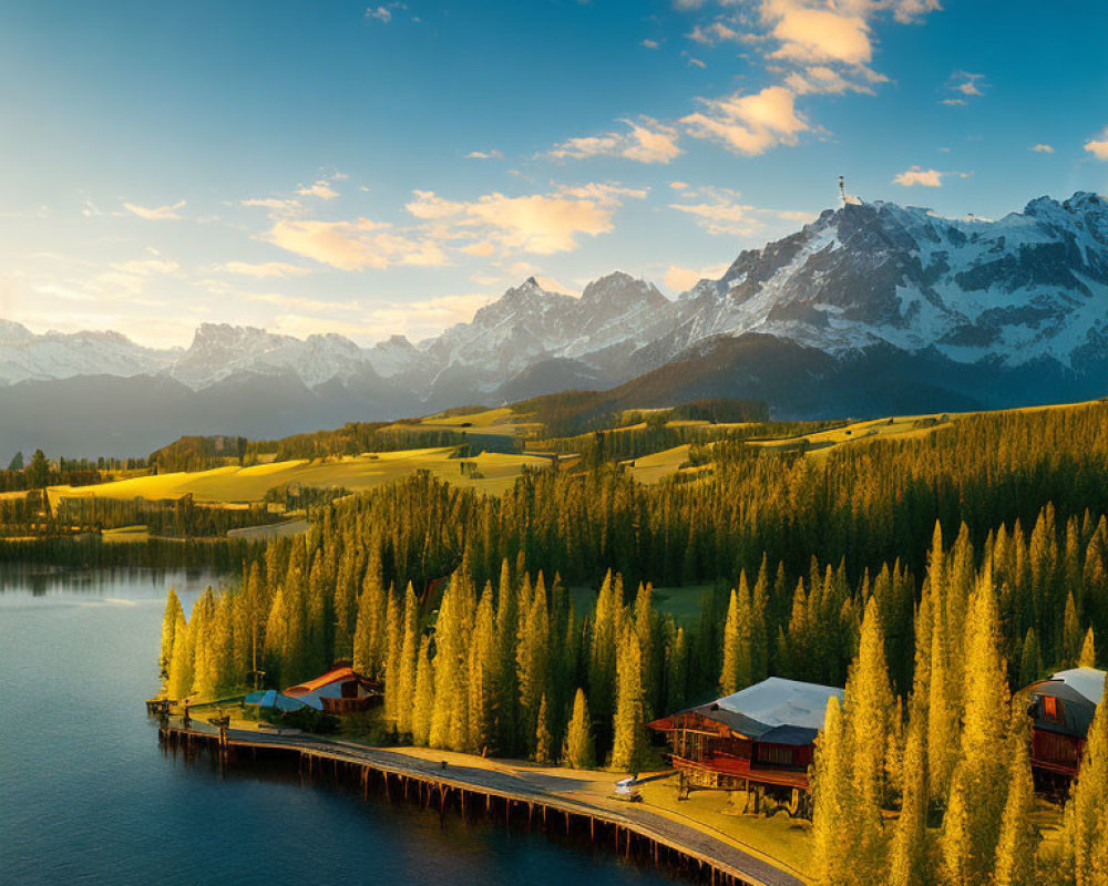 Tranquil lake with dock, houses, trees, mountains, and sunset