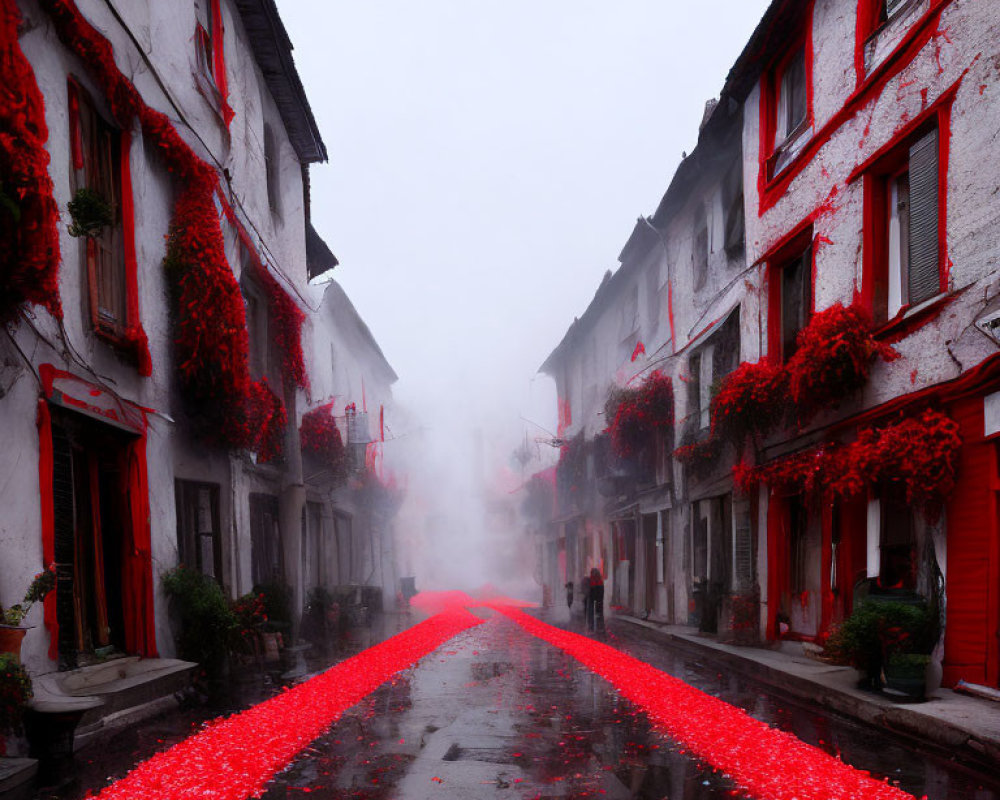 Traditional street with red carpet and chili pepper adorned buildings