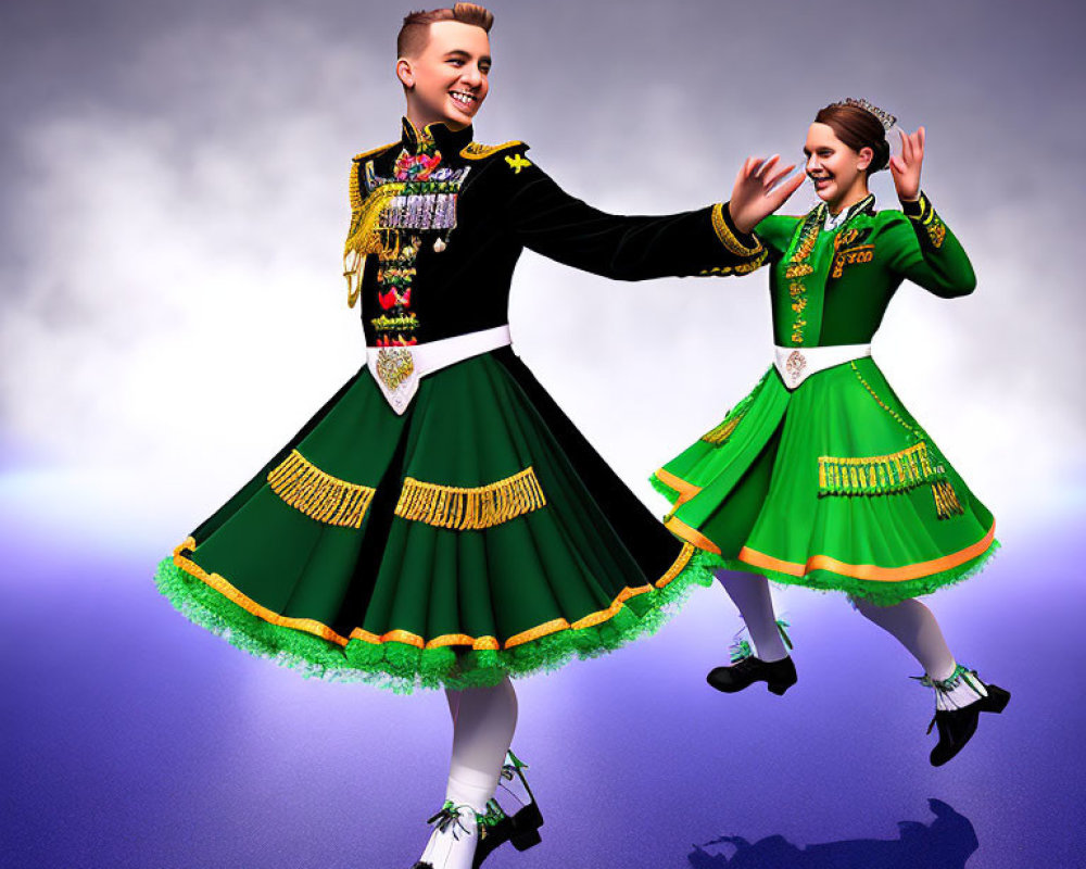 Animated characters in traditional Irish dance costumes smiling and dancing