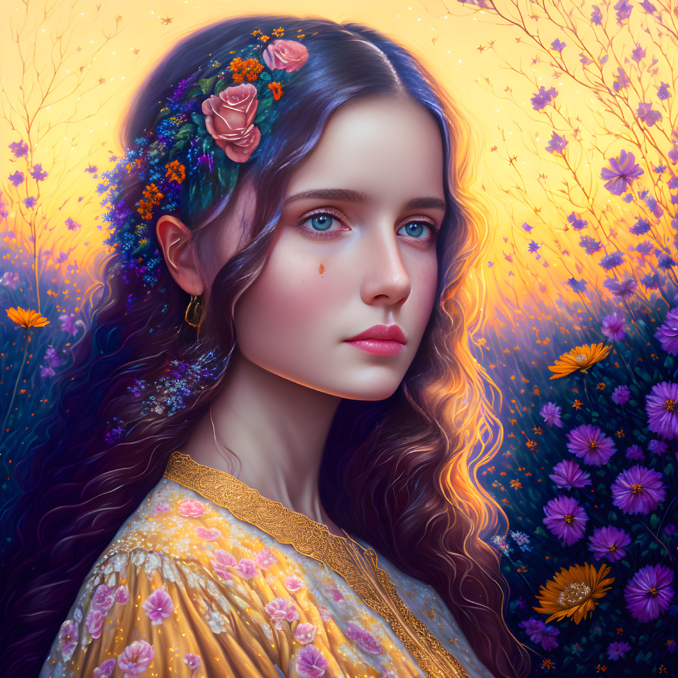 Digital art portrait of young woman with blue eyes and floral hair against vibrant background