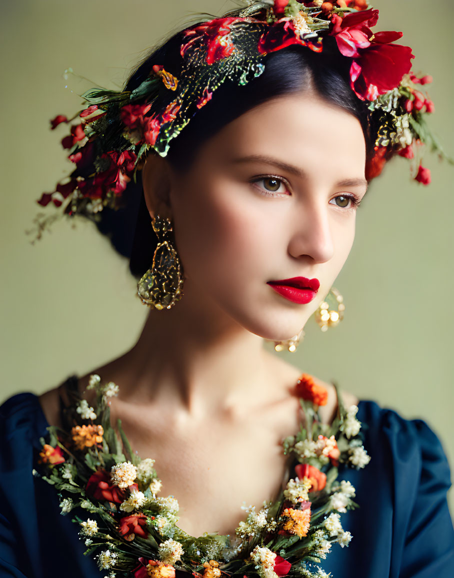 Woman in Floral Headpiece and Gold Jewelry Gazing Sideways