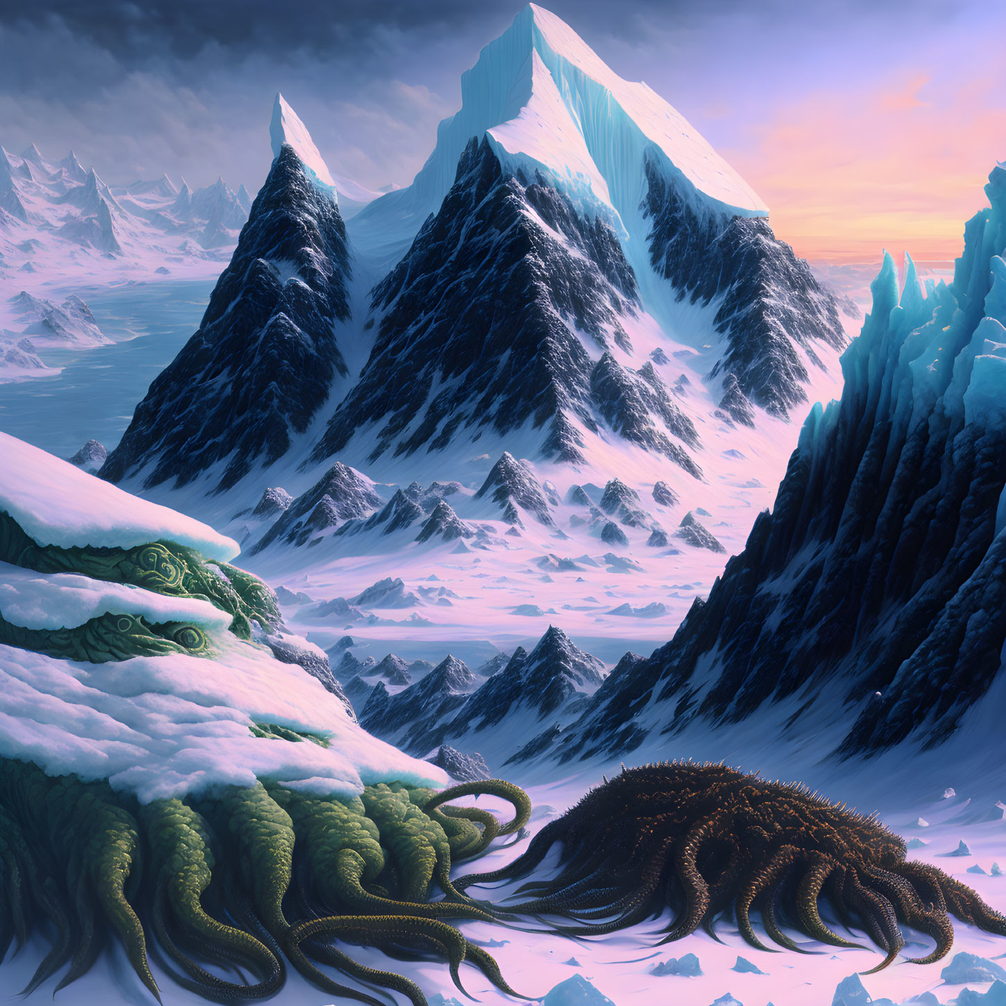 Icy landscape with towering mountains and cephalopod-like creature