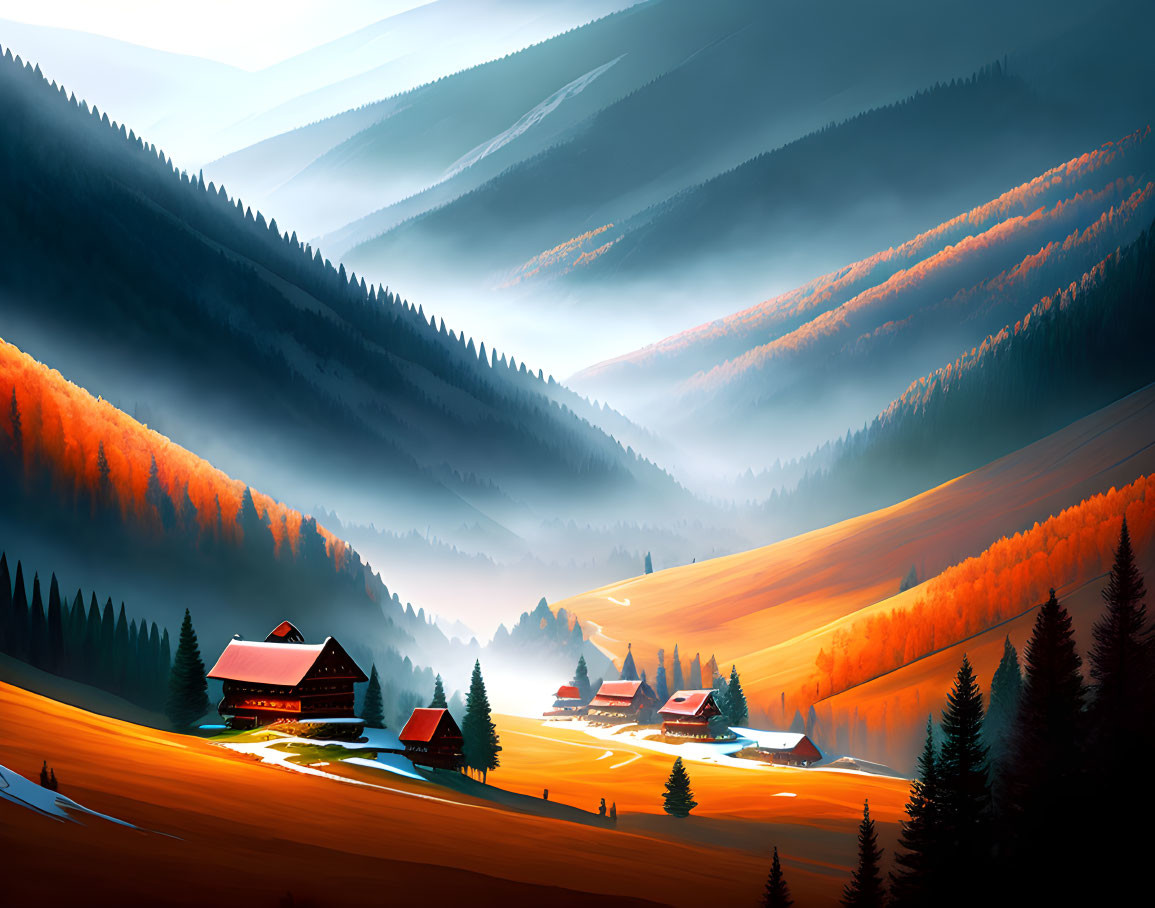 Rolling Hills Landscape with Misty Valley and Cabins