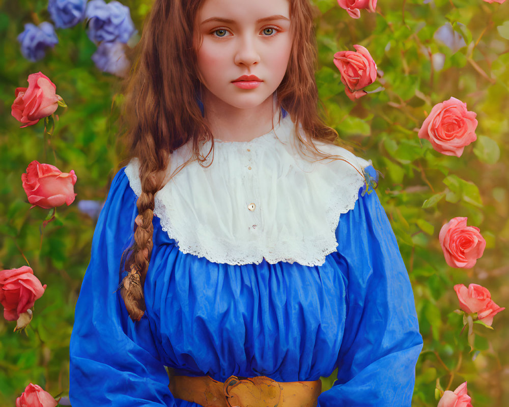 Young girl with braided hairstyle in vintage blue dress among colorful flowers