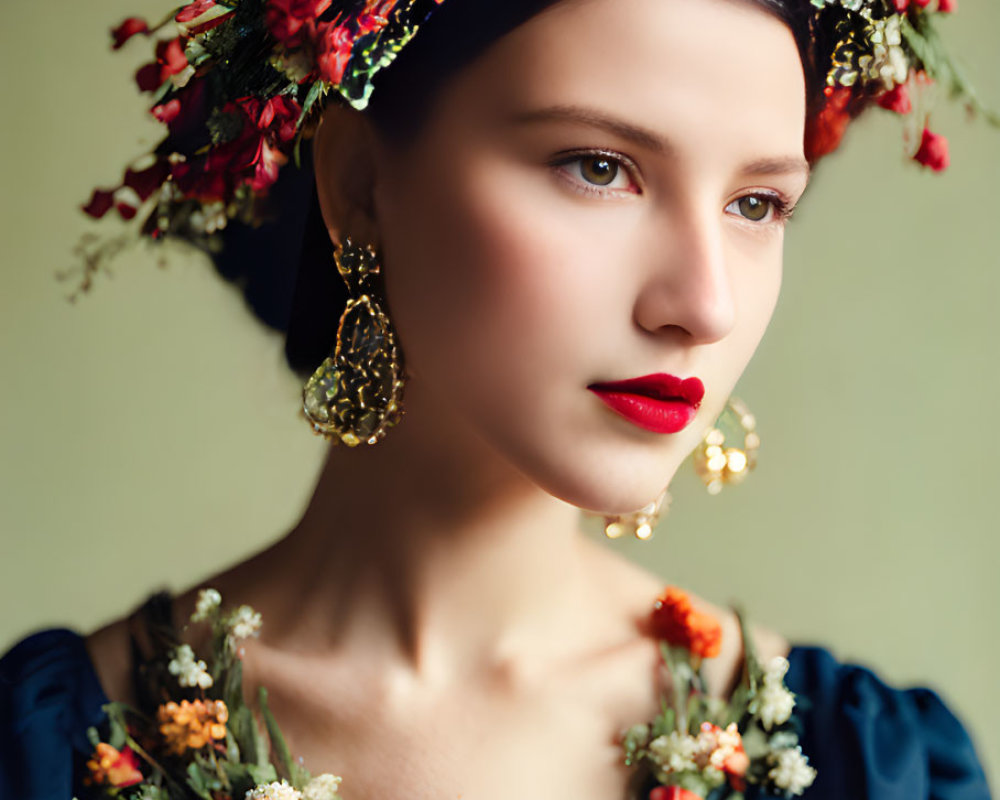 Woman in Floral Headpiece and Gold Jewelry Gazing Sideways