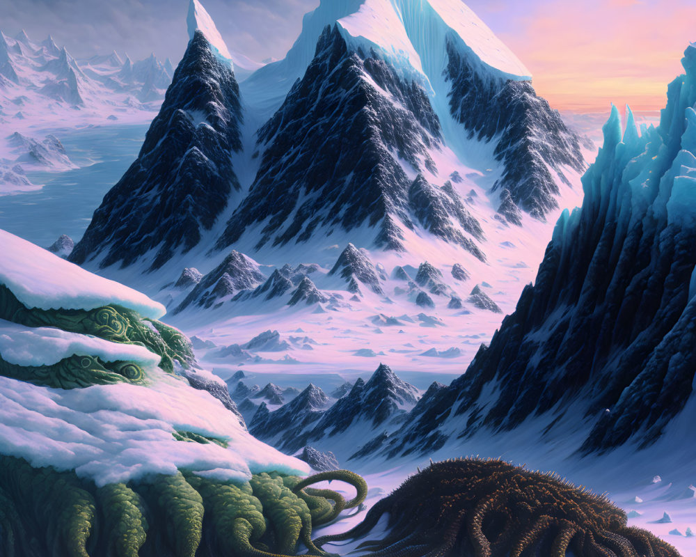 Icy landscape with towering mountains and cephalopod-like creature