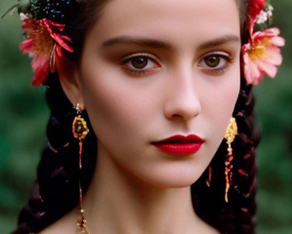 Portrait of woman with braided hair, flowers, gold earrings, and red embroidered top.