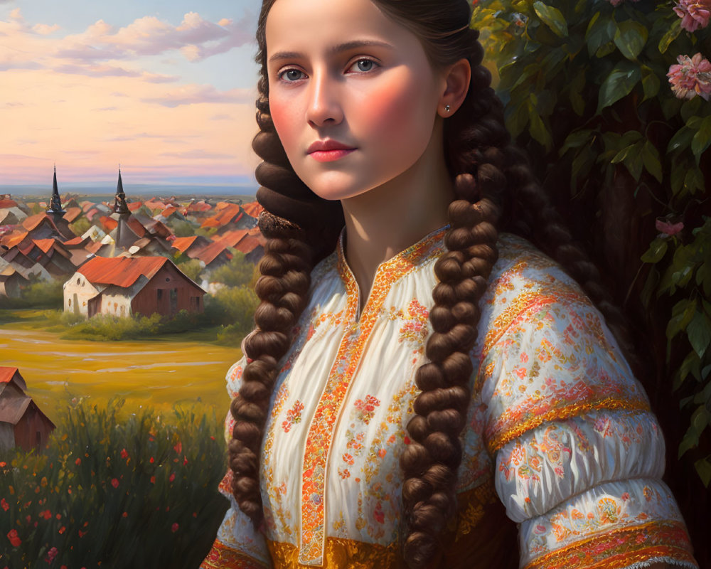 Young woman in folk attire with braided hair in village setting.