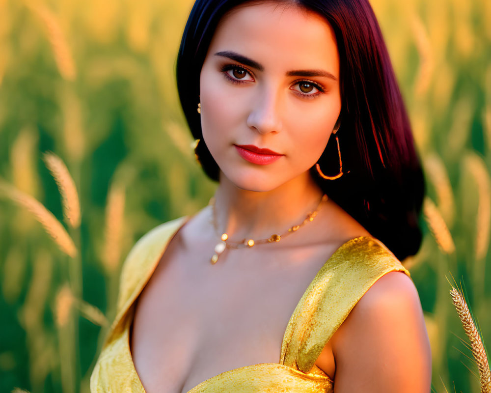 Dark-haired woman in golden top posing in sunset-lit field.