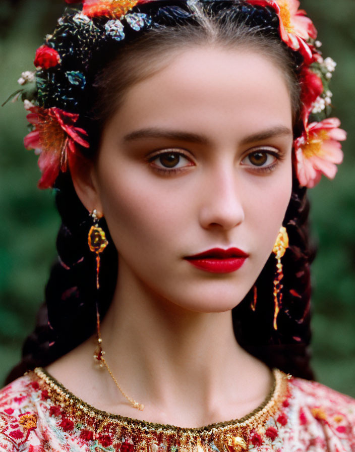 Portrait of woman with braided hair, flowers, gold earrings, and red embroidered top.