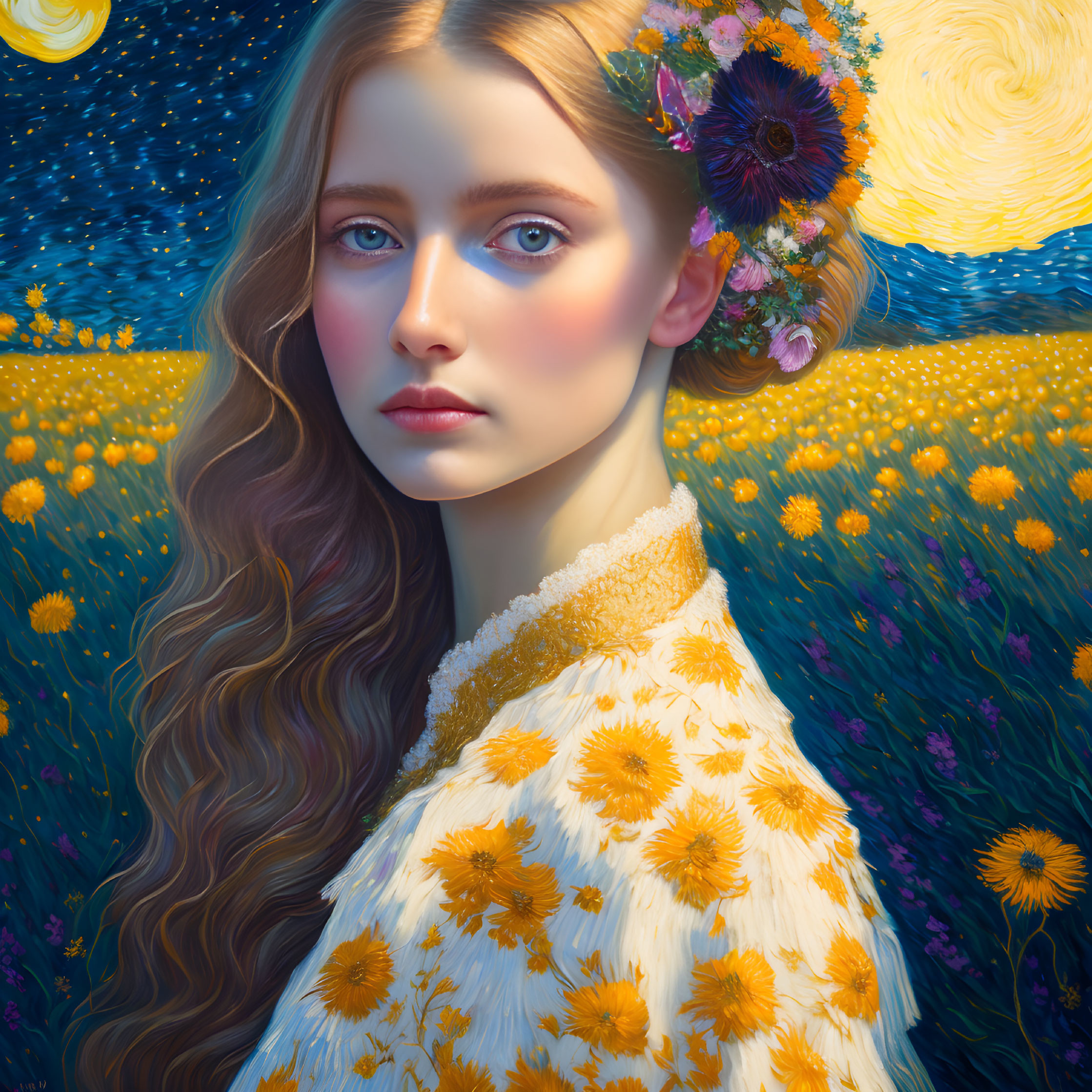 Digital Artwork: Young Woman with Floral Ornaments in Van Gogh Style