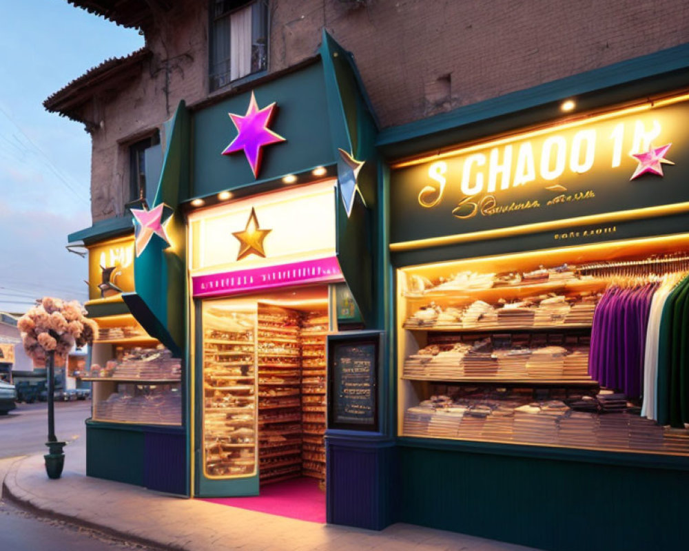 Colorful bakery storefront with neon lights and star shapes at twilight.