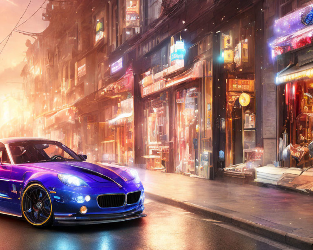 Blue Sports Car Parked on Wet Street in Cyberpunk Urban Setting