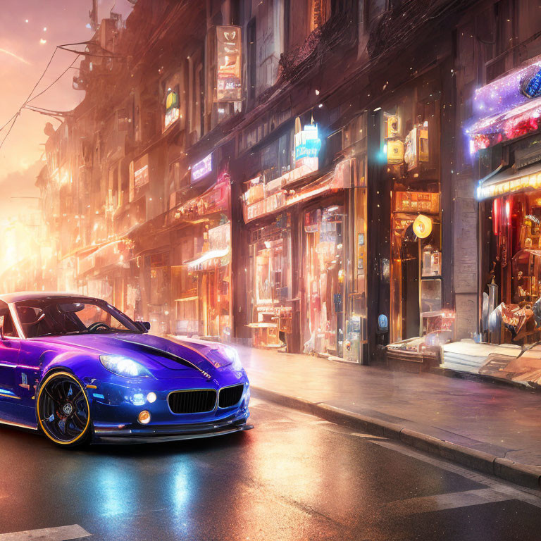 Blue Sports Car Parked on Wet Street in Cyberpunk Urban Setting