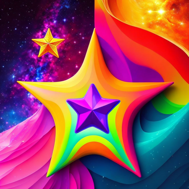 Colorful Abstract Image with Swirling Patterns and Cosmic Stars