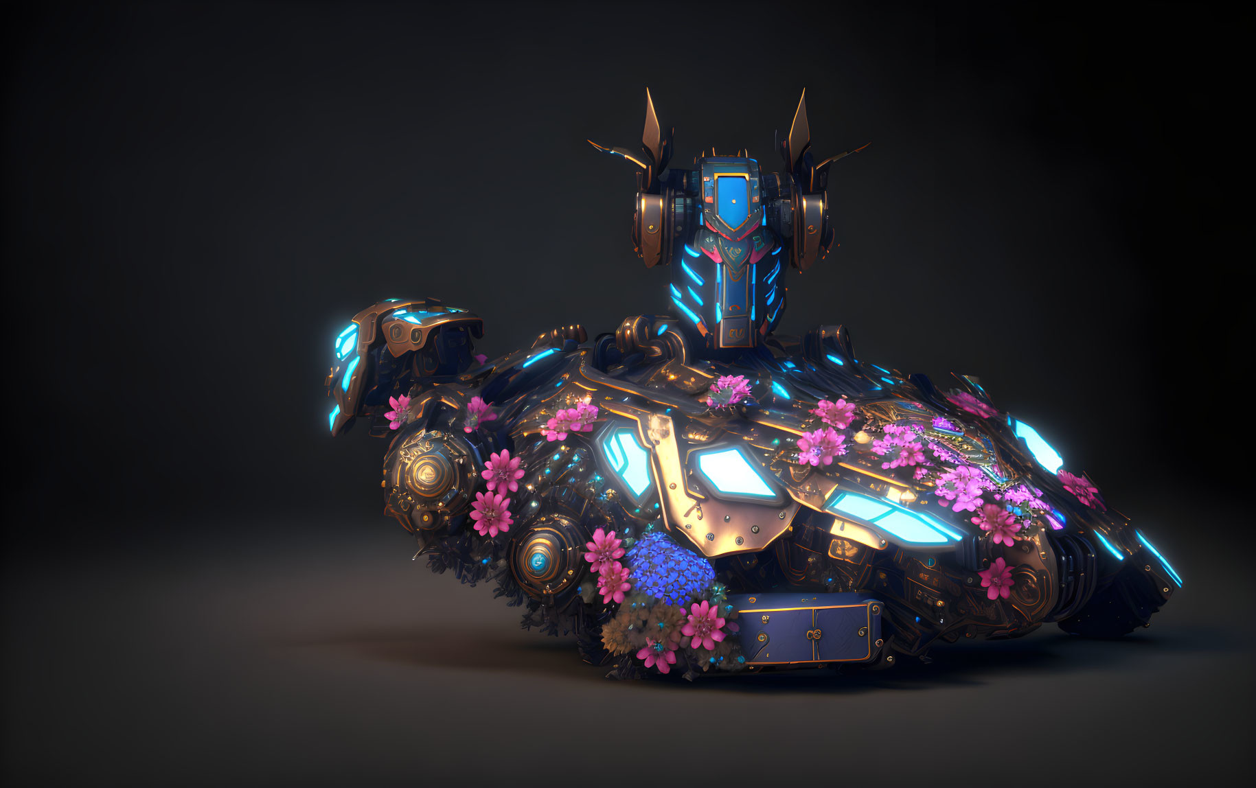 Futuristic robot with glowing blue parts and pink flowers on dark background