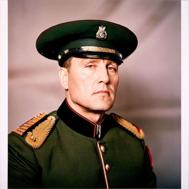 Formal military uniform with decorated epaulettes and cap badge pose.