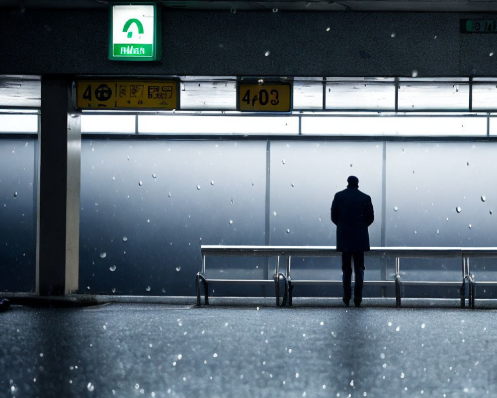 Figure in Parking Garage Staring at Rainy Window