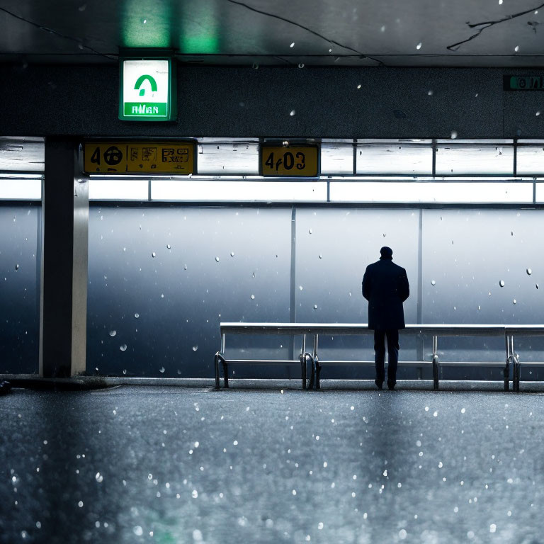 Figure in Parking Garage Staring at Rainy Window