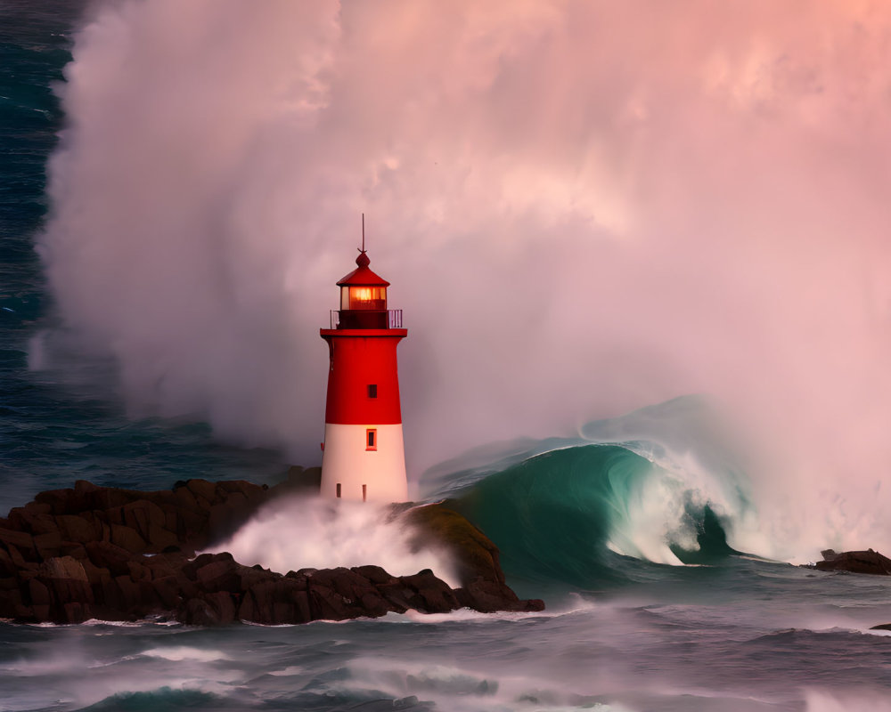 Dramatic pink sky with towering wave near red lighthouse