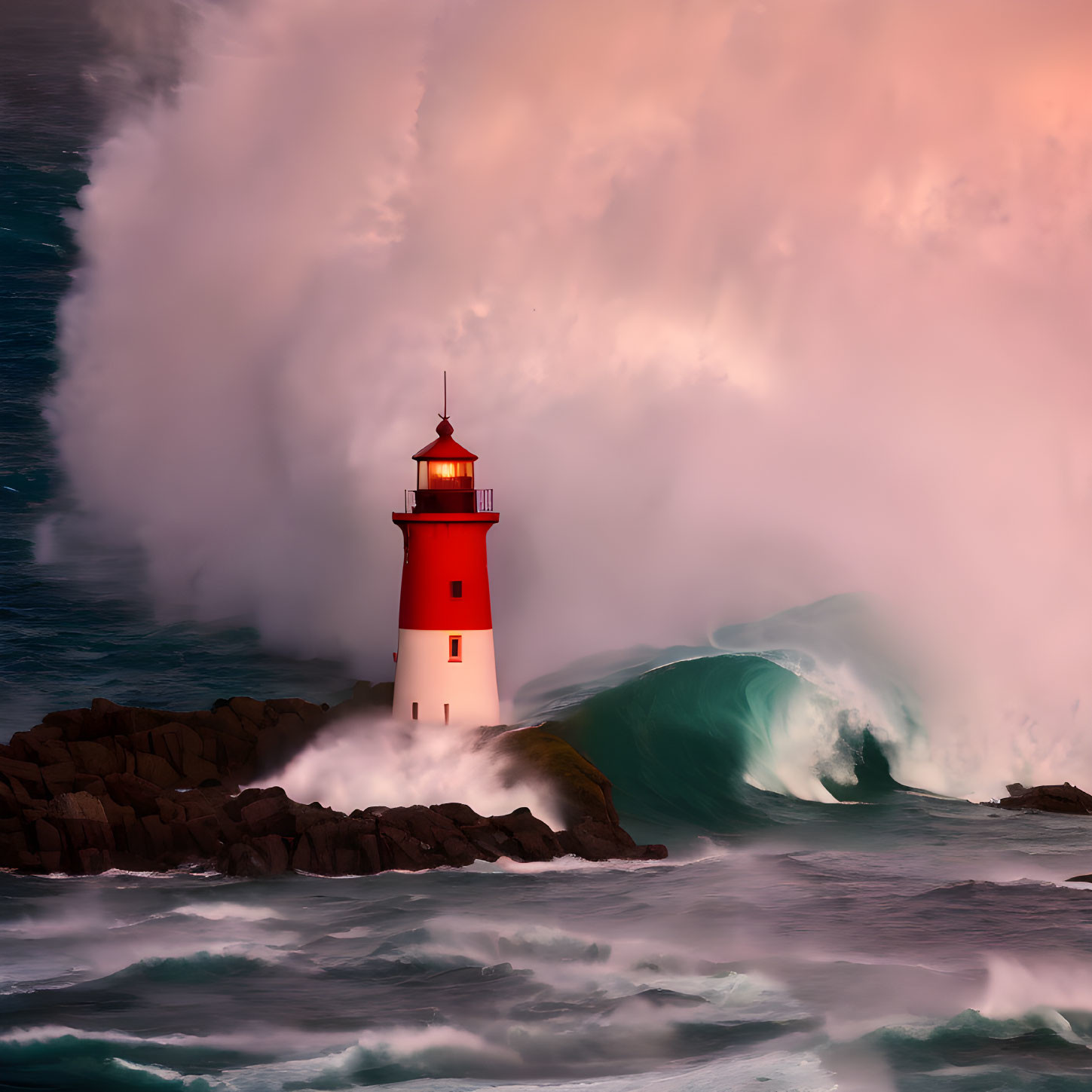 Dramatic pink sky with towering wave near red lighthouse