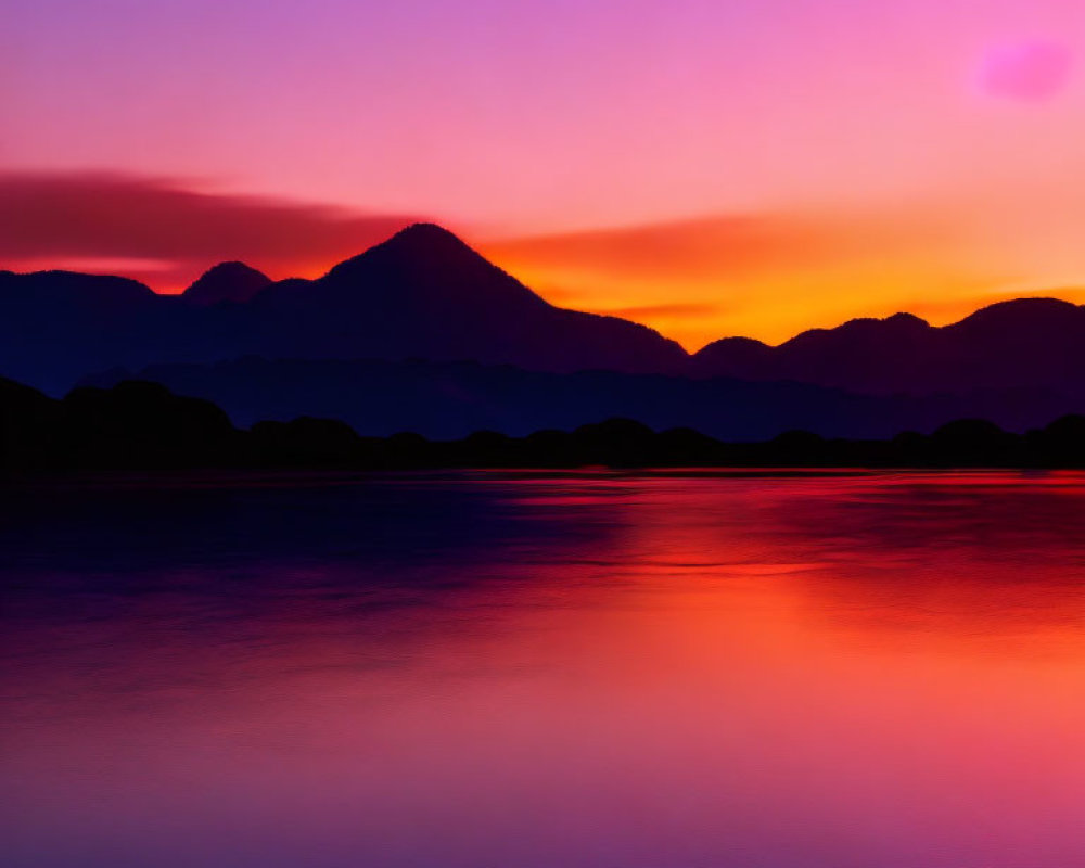 Scenic sunset with purple and orange hues over calm water and mountain silhouettes