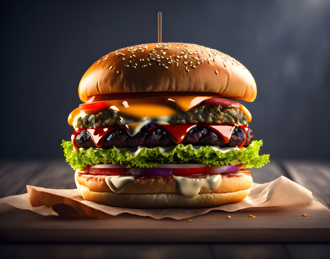 Delicious Double Cheeseburger with Fresh Ingredients on Wooden Surface