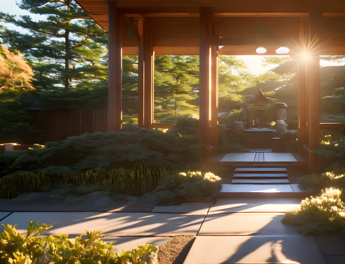 Japanese garden at sunset with lush greenery and wooden structures