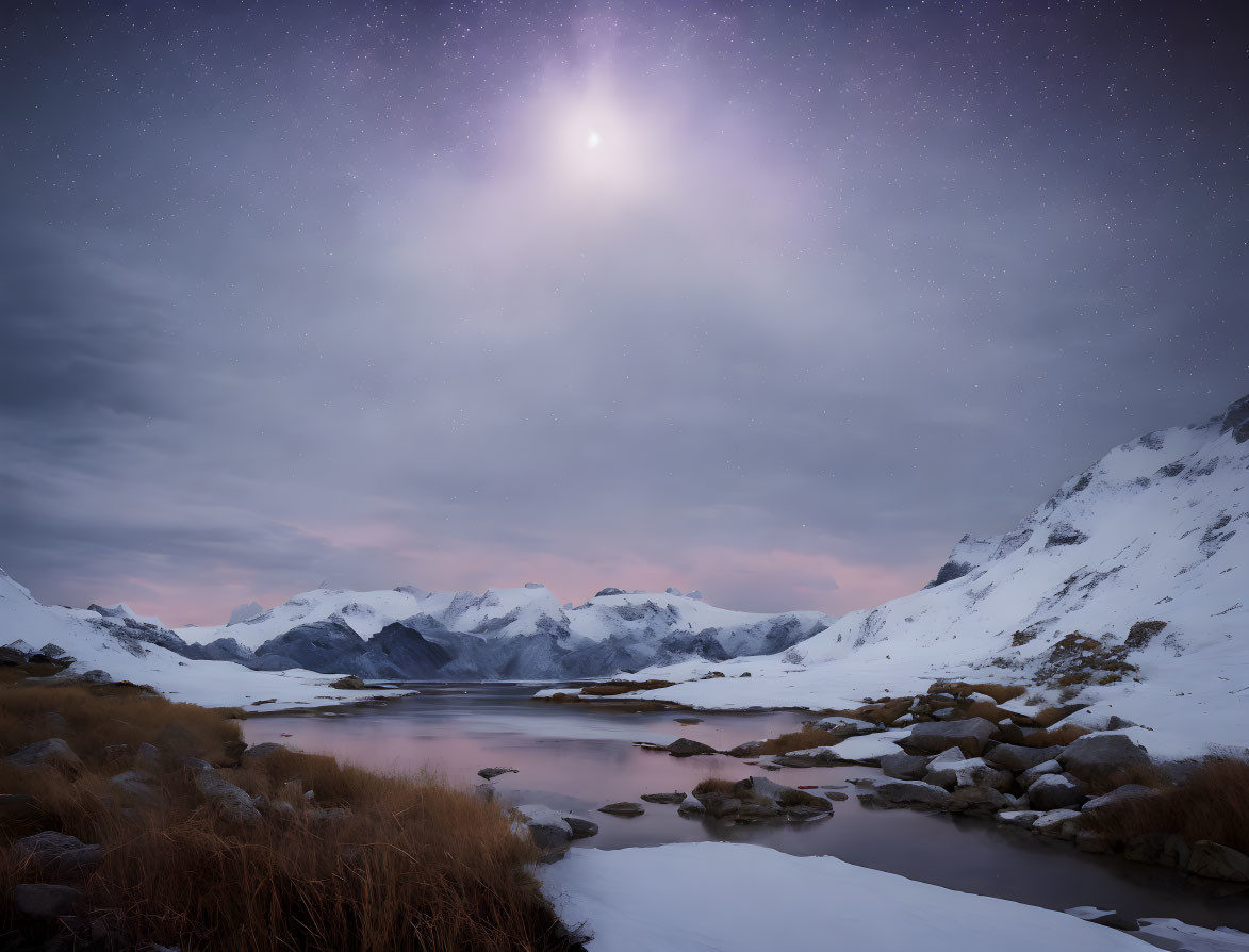 Moonlit snowy mountain landscape with frozen lake at night