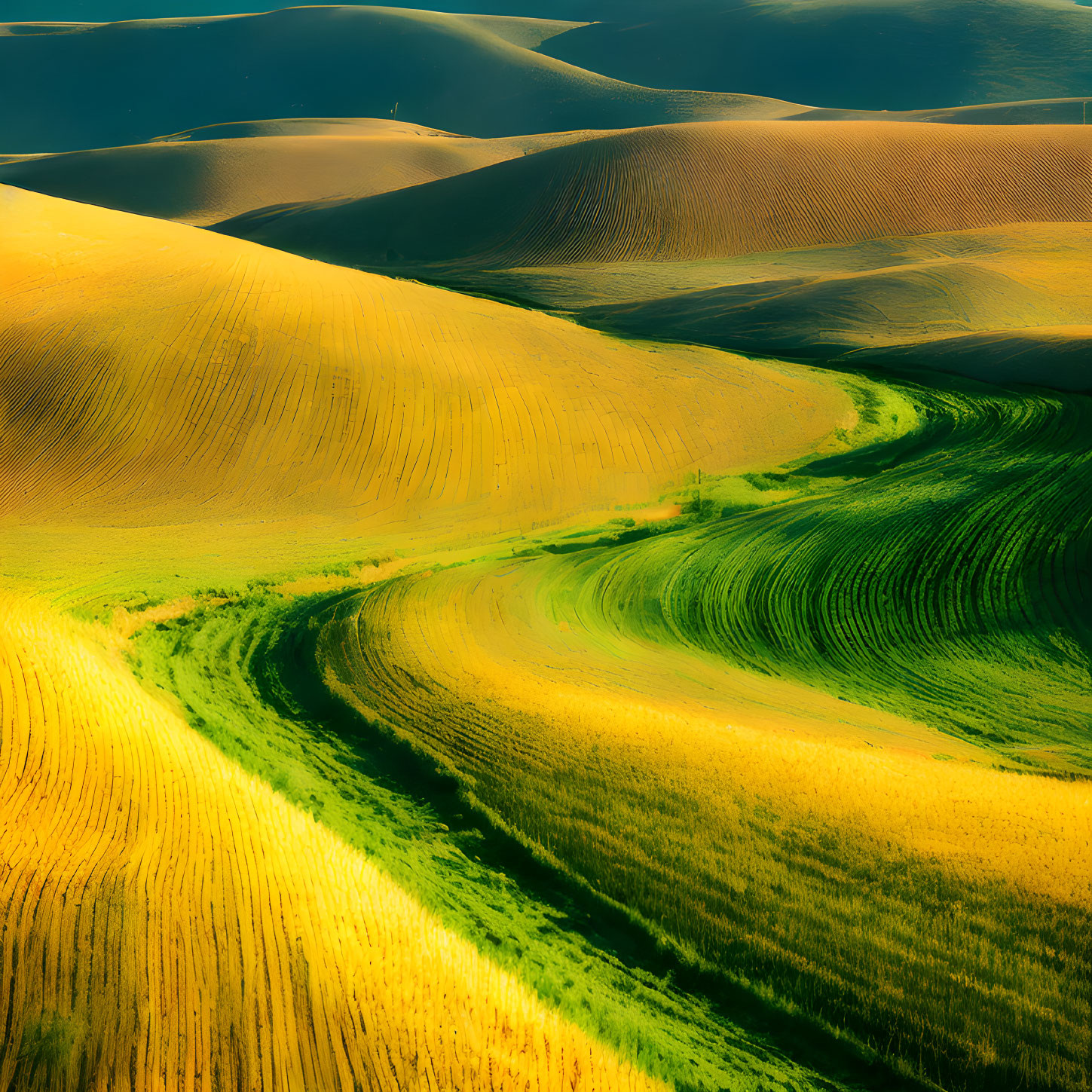 Scenic landscape of rolling hills with plowed and grassy fields