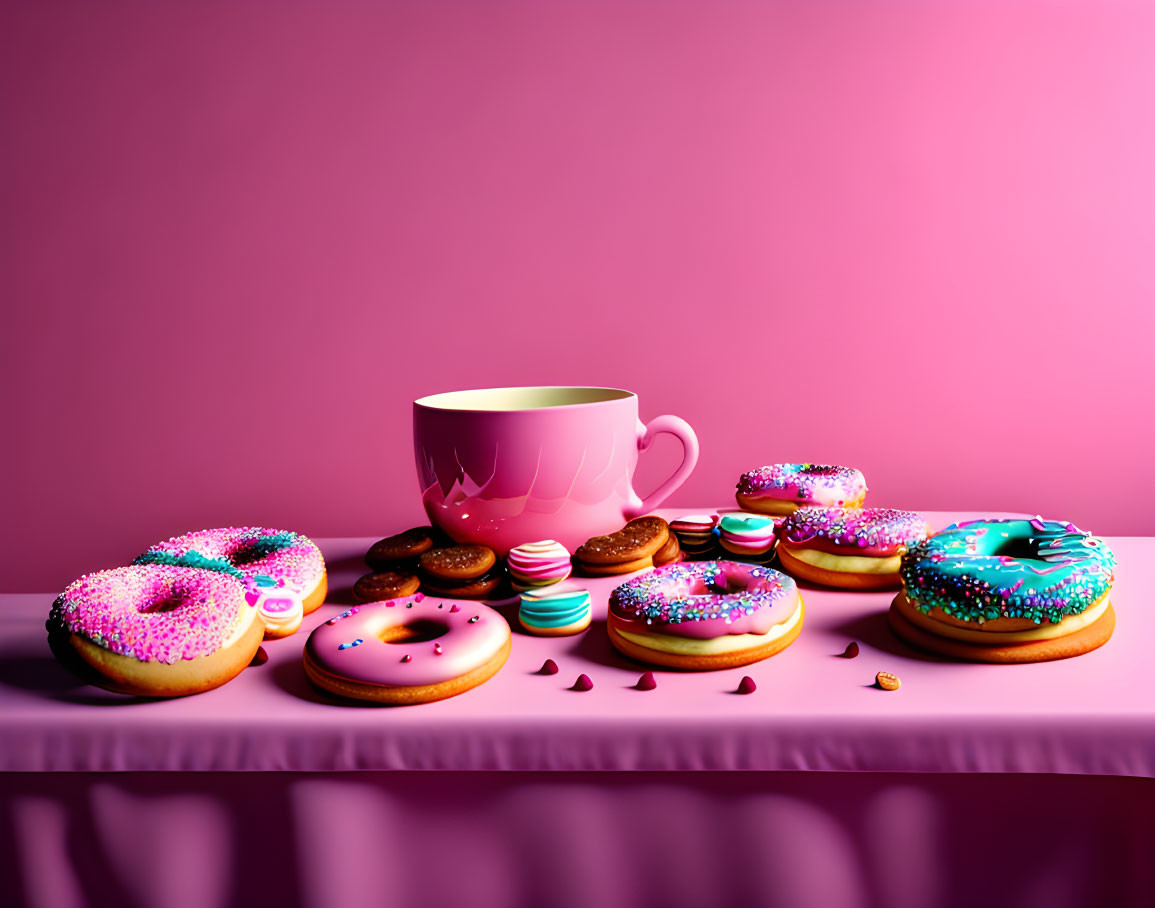 Assorted colorful donuts with sprinkles on pink surface