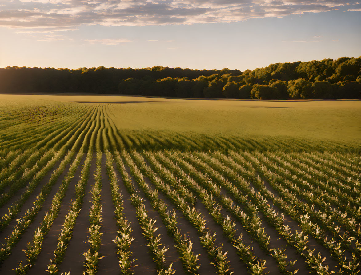 Sunlit field with rows of crops and trees against clear sunset sky