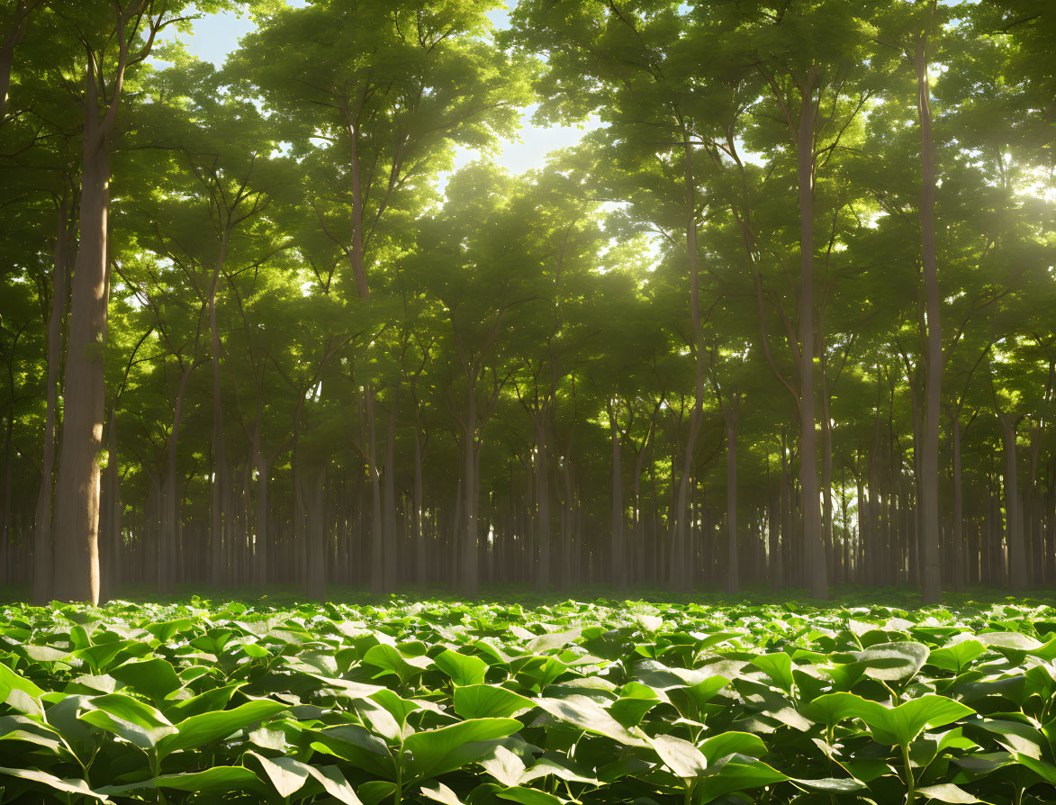 Lush Forest Floor with Broad-Leafed Plants in Sunlight