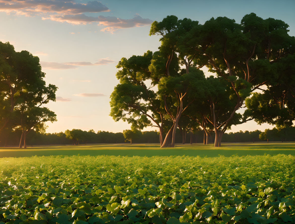 Tranquil Sunrise Landscape with Lush Green Trees