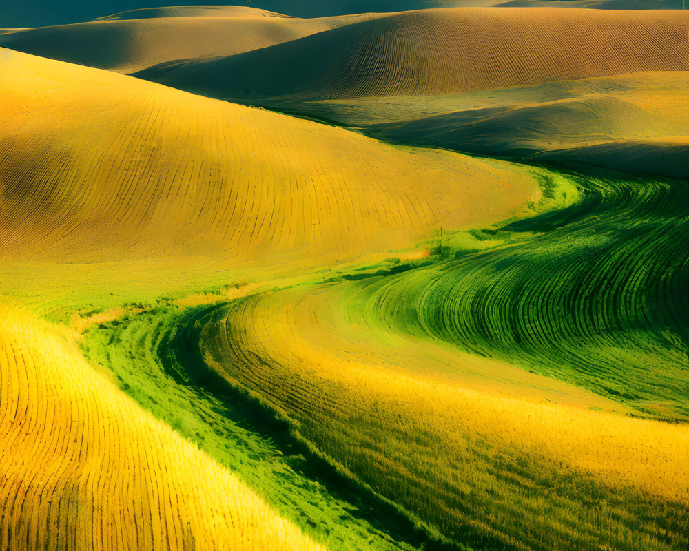 Scenic landscape of rolling hills with plowed and grassy fields