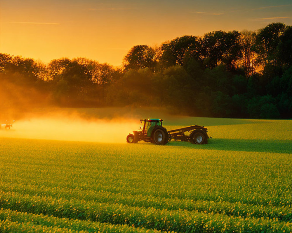 Tractor working in yellow field at sunset with dust, trees, and warm sky