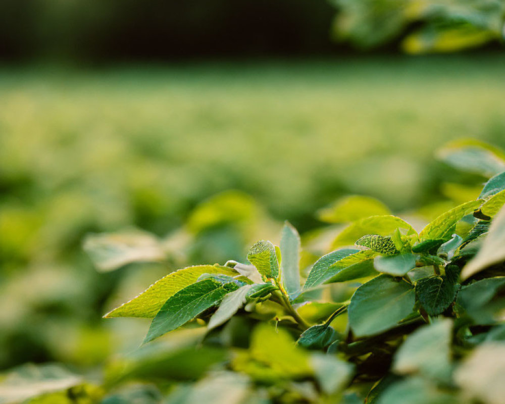 Vibrant green leaves against blurred sunset field with warm light