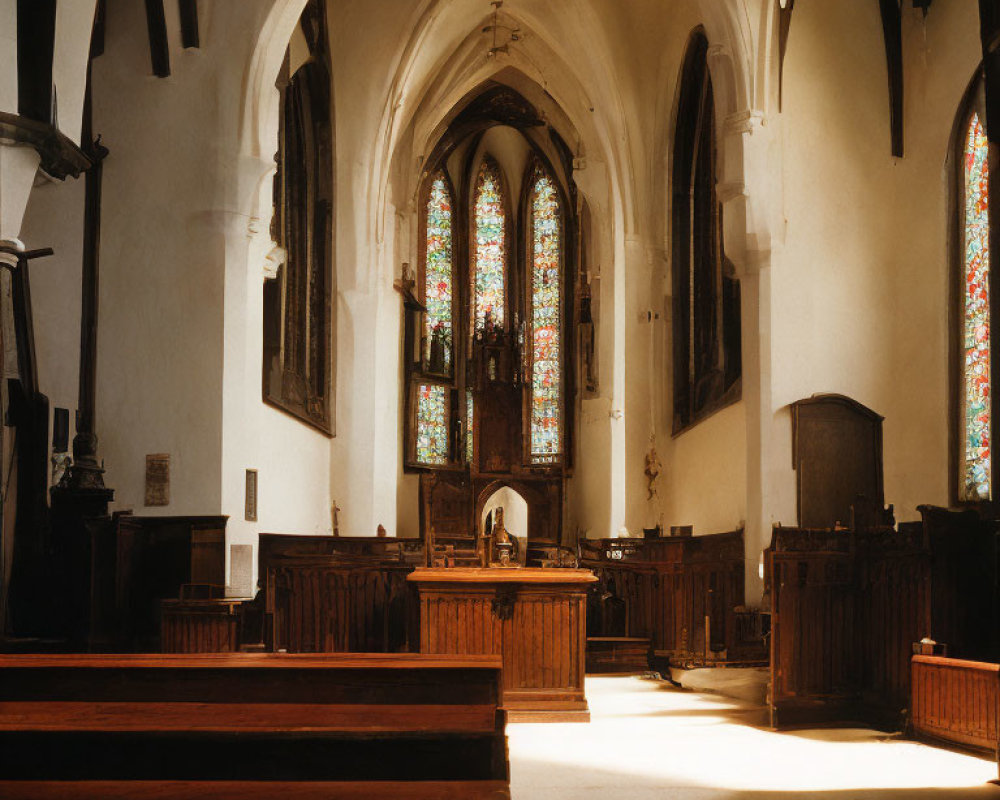 Tranquil church interior with wooden pews and stained glass windows