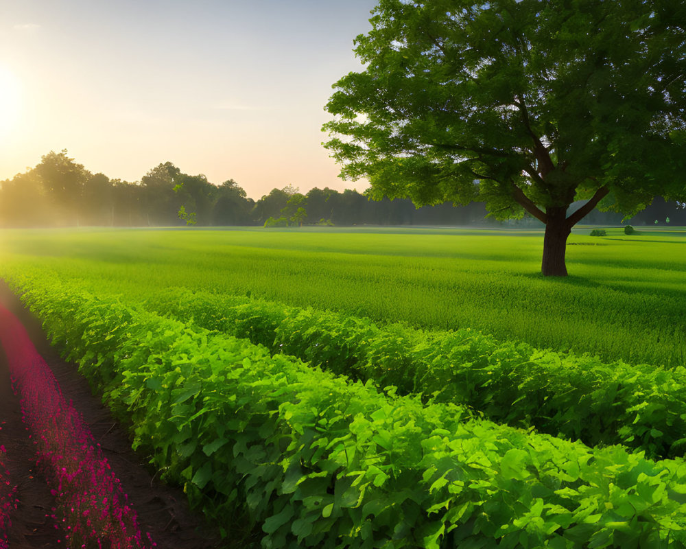 Tranquil sunset landscape with green field, lone tree, and pink flowers