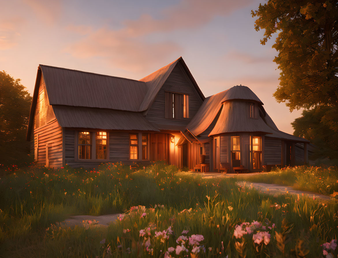 Cozy wooden cottage in forest clearing at dusk