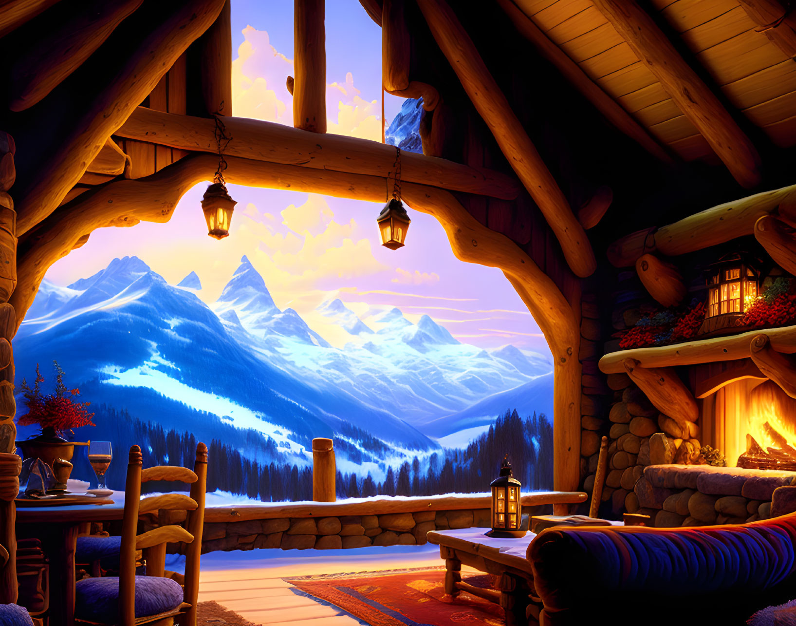 Mountain cabin interior at sunset with warm fireplace, comfy furnishings, snowy peaks view