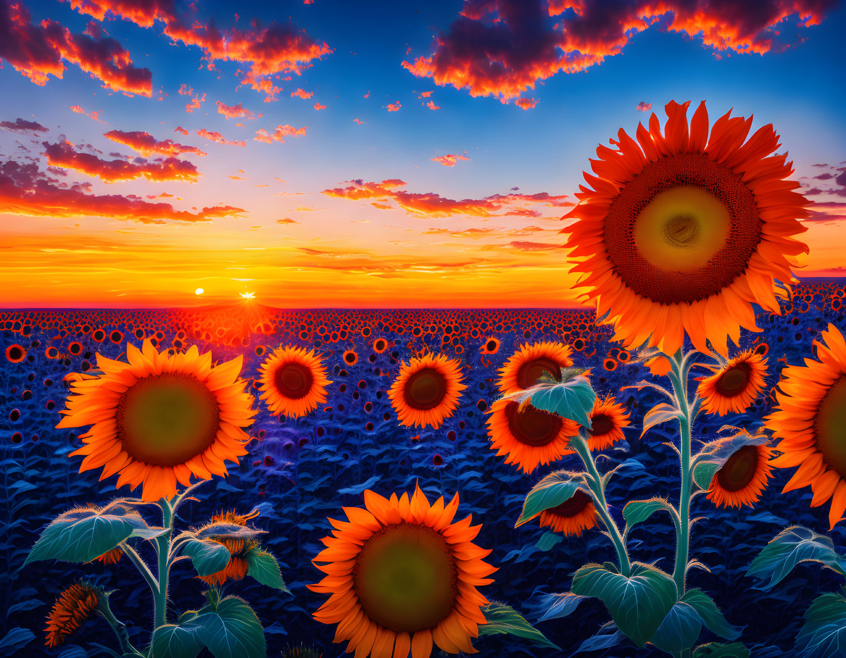 Fiery sunset sky over blooming sunflower field at dusk