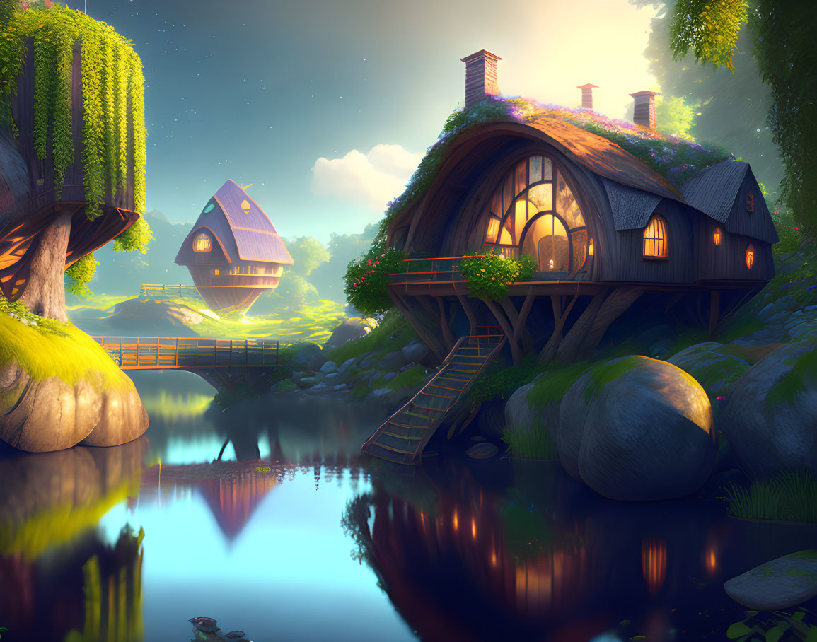 Fantasy landscape with whimsical cottages and glowing windows at twilight