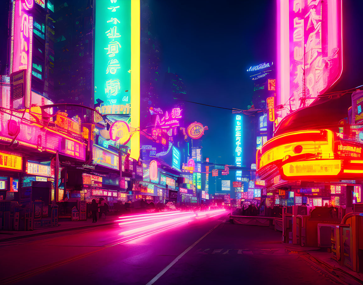 Night city street with neon lights and multilingual signs.