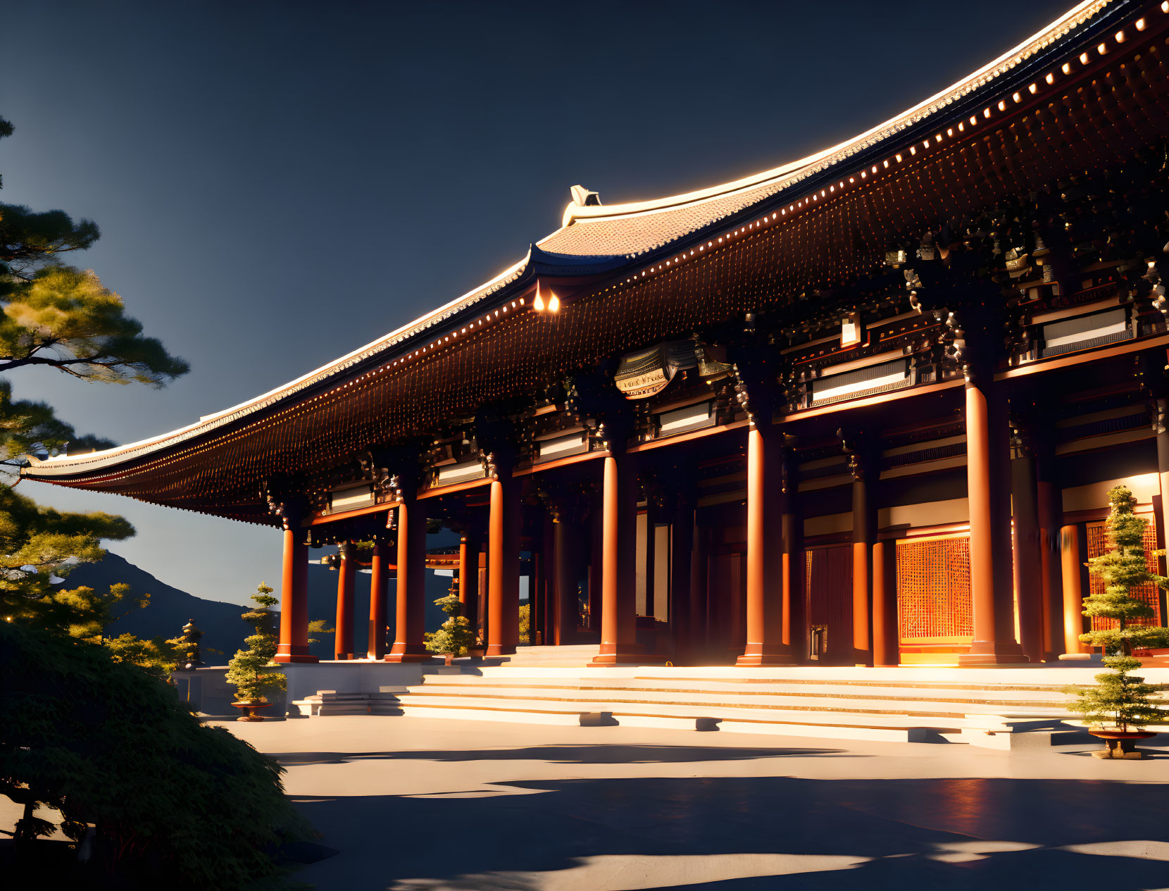 Traditional East Asian Temple with Sweeping Tiled Roof at Sunset