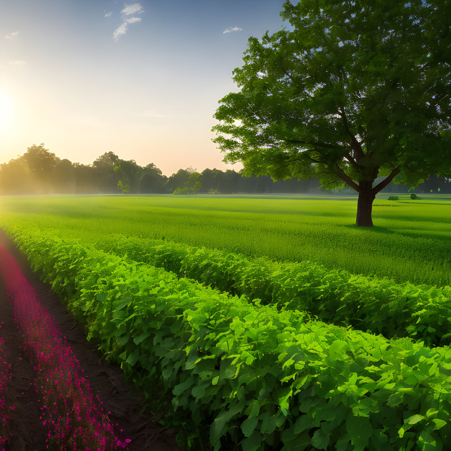 Tranquil sunset landscape with green field, lone tree, and pink flowers