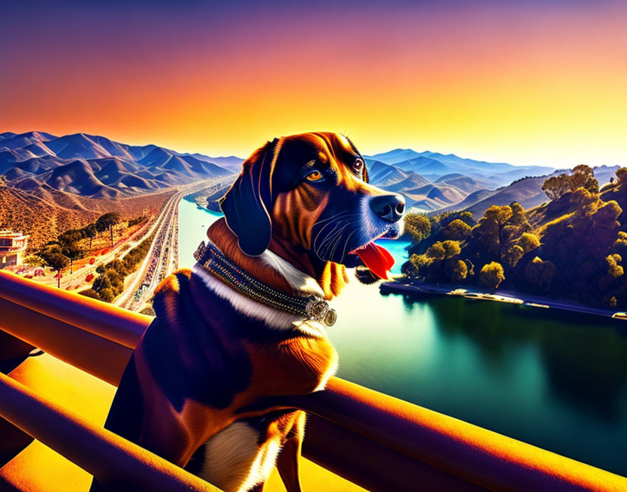 Gleaming Collar Dog Watching Sunset Over Highway