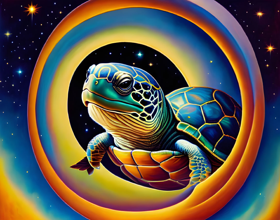 Colorful Turtle Illustration on Cosmic Background with Rainbow Aura