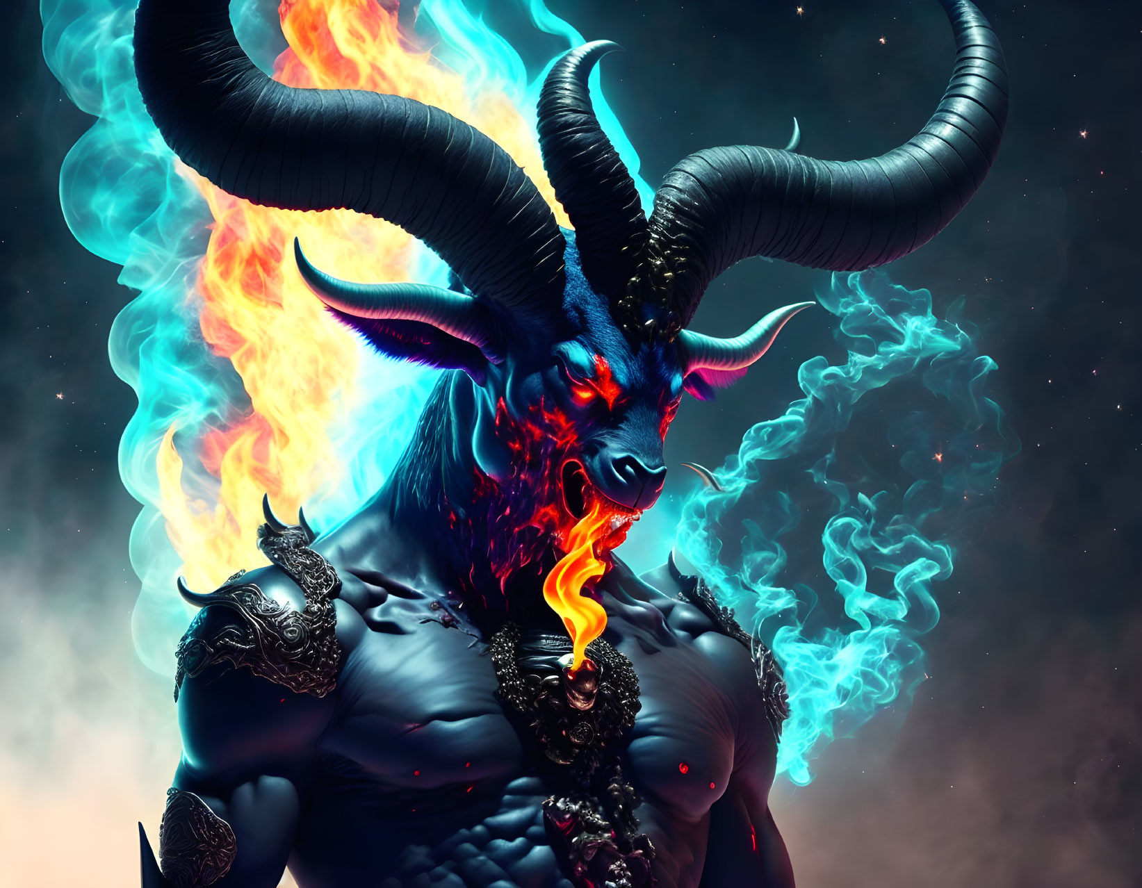 Fantasy creature with horns, glowing eyes, flames, smoke, cosmic backdrop