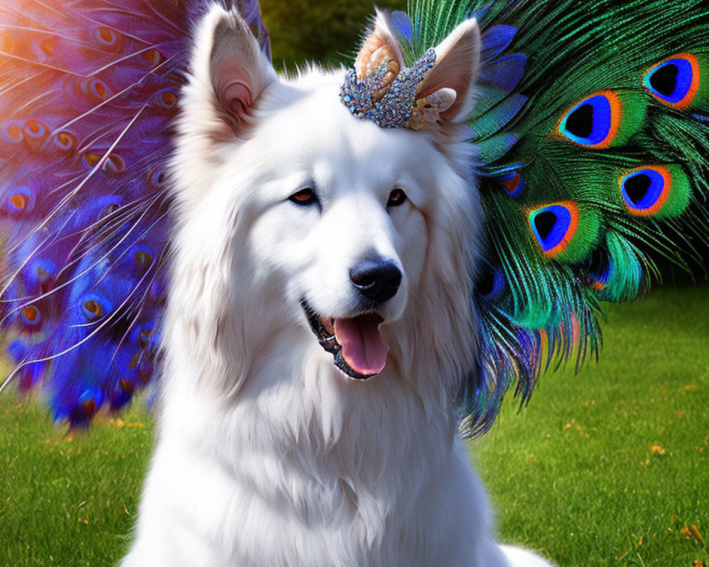 White Dog with Fluffy Coat and Peacock Feather Crown Sitting Near Displayed Peacock Tail Feathers